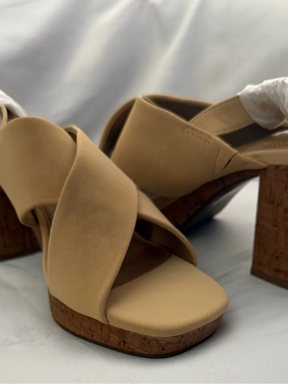 Premium Tan Cork Block Heel Slingback faux leather Sandal 3.5 inch heel
